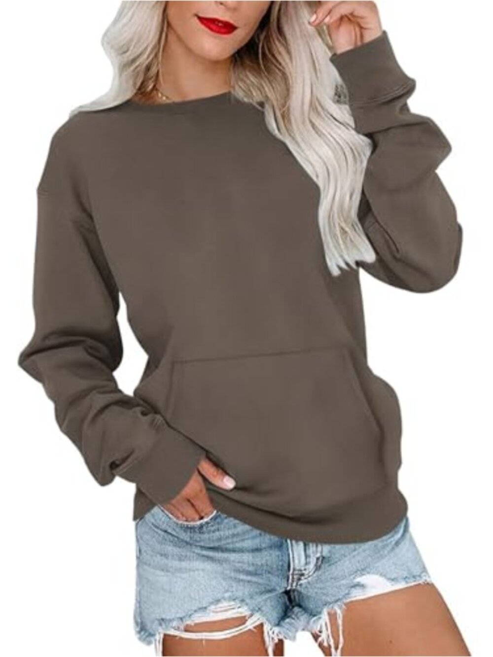 Women's Crewneck Sweatshirt Long Sleeve Pullover Top with Kangaroo Pocket
